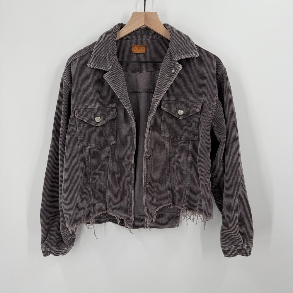 POL Corduroy Cropped Jacket Distressed Frayed Hem Button Front Gray Size S